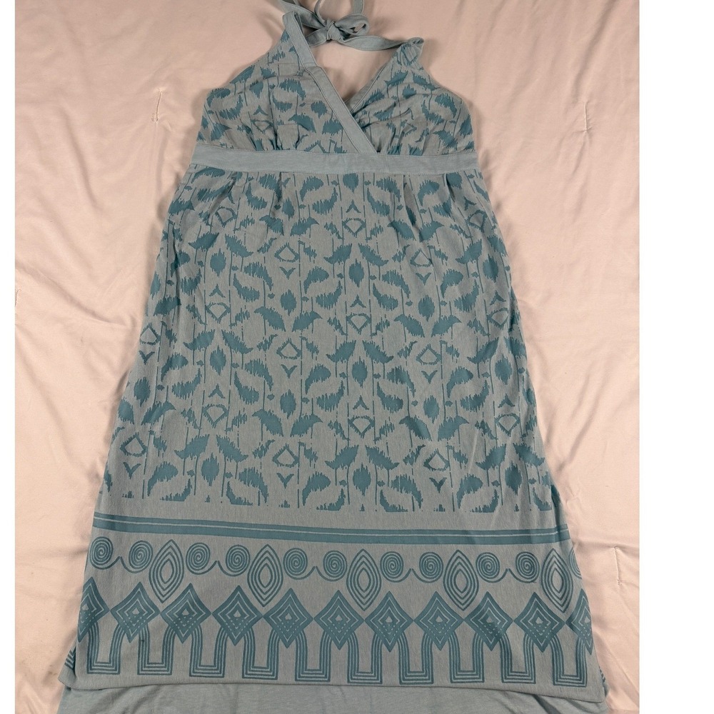Athleta Blue Ikat Geometric Halter Maxi‎ Dress Womens Large Jersey Knit Boho